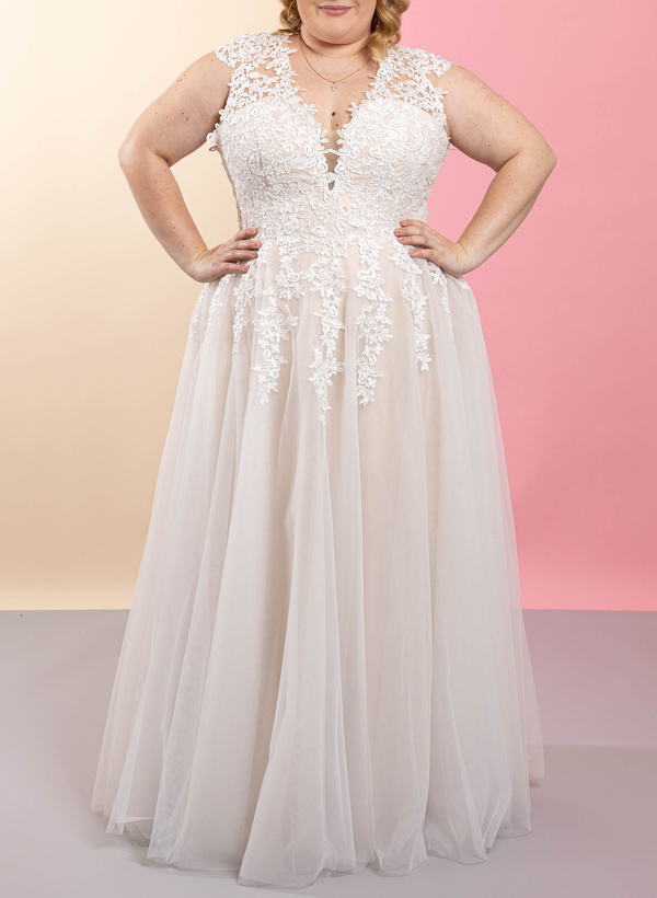 Plus Size A-Line V-Neck Floor-Length Tulle Wedding Dresses With Appliques Lace