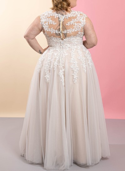 Plus Size A-Line V-Neck Floor-Length Tulle Wedding Dresses With Appliques Lace