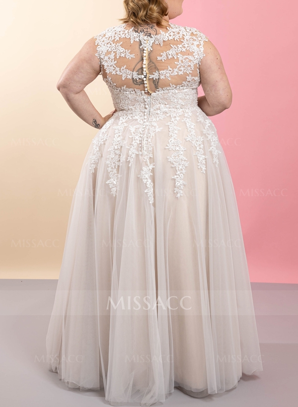 Plus Size A-Line V-Neck Floor-Length Tulle Wedding Dresses With Appliques Lace