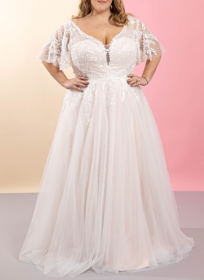 Plus Size A-Line V-Neck 1/2 Sleeves Tulle Wedding Dresses With Appliques Lace