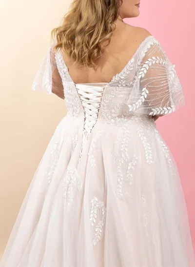 Plus Size A-Line V-Neck 1/2 Sleeves Tulle Wedding Dresses With Appliques Lace