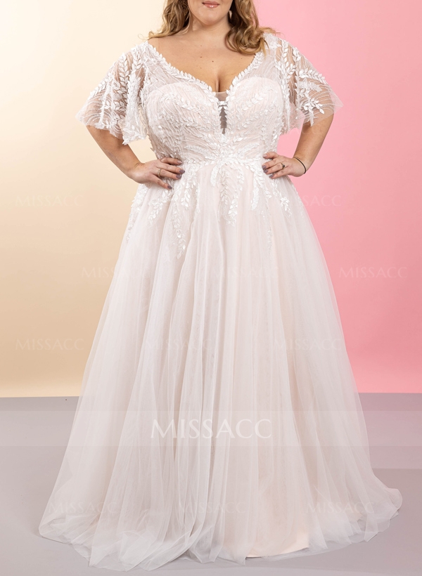 Plus Size A-Line V-Neck 1/2 Sleeves Tulle Wedding Dresses With Appliques Lace