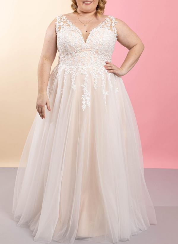 Plus Size A-Line V-Neck Floor-Length Tulle Wedding Dresses With Lace