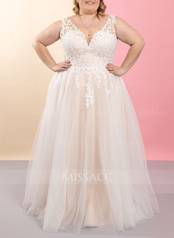 Plus Size A-Line V-Neck Floor-Length Tulle Wedding Dresses With Lace