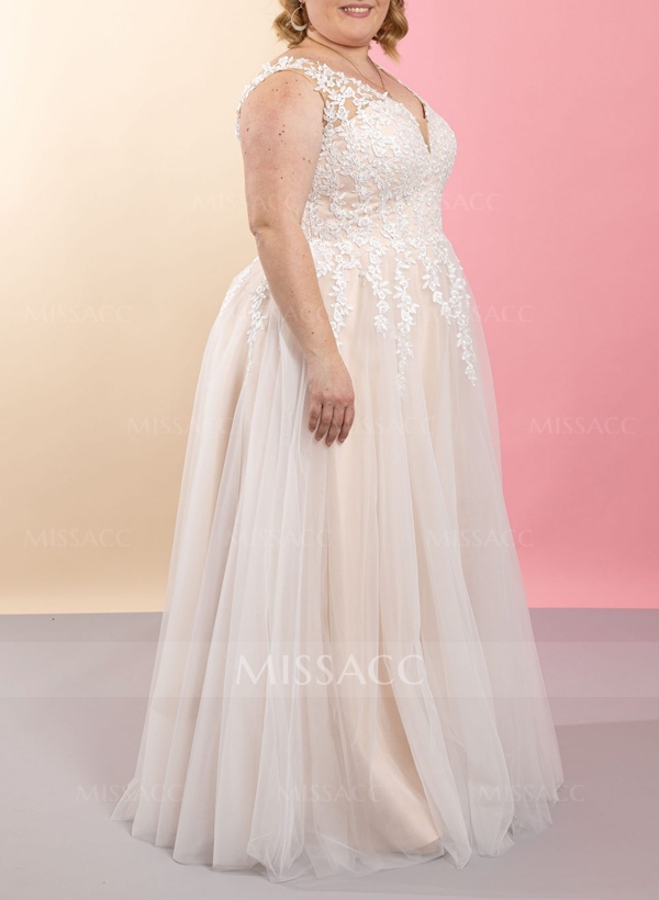 Plus Size A-Line V-Neck Floor-Length Tulle Wedding Dresses With Lace