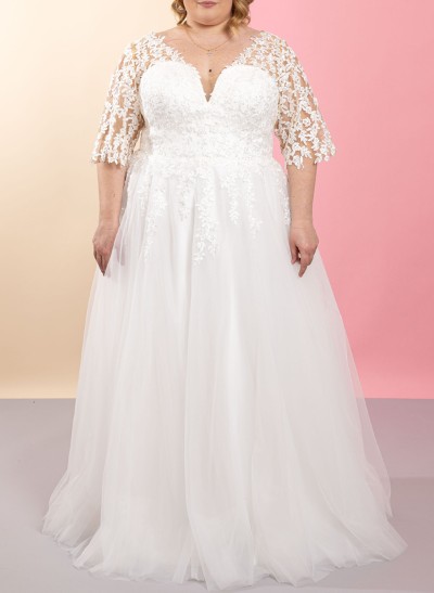 Plus Size A-Line V-Neck 3/4 Sleeves Floor-Length Tulle Wedding Dresses With Lace