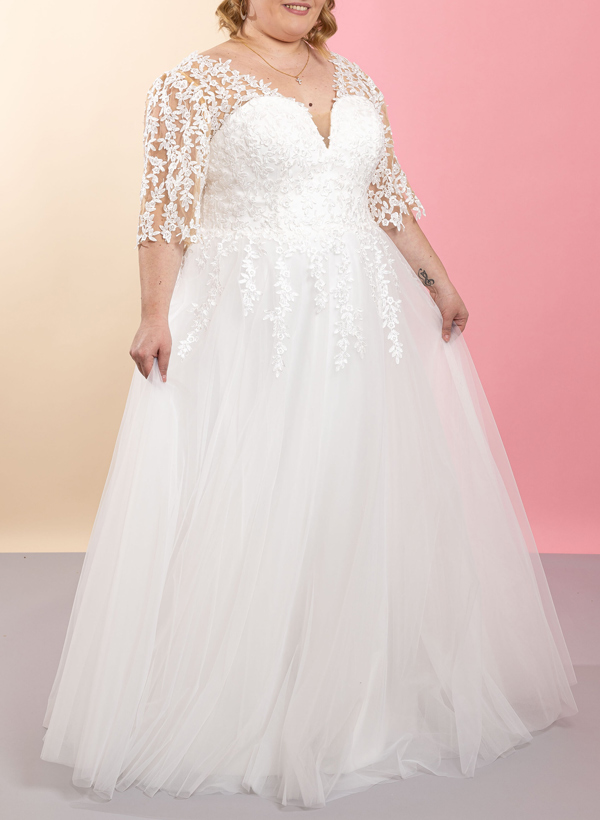 Plus Size A-Line V-Neck 3/4 Sleeves Floor-Length Tulle Wedding Dresses With Lace