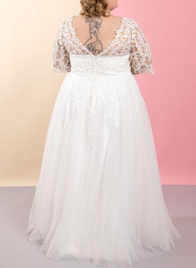 Plus Size A-Line V-Neck 3/4 Sleeves Floor-Length Tulle Wedding Dresses With Lace