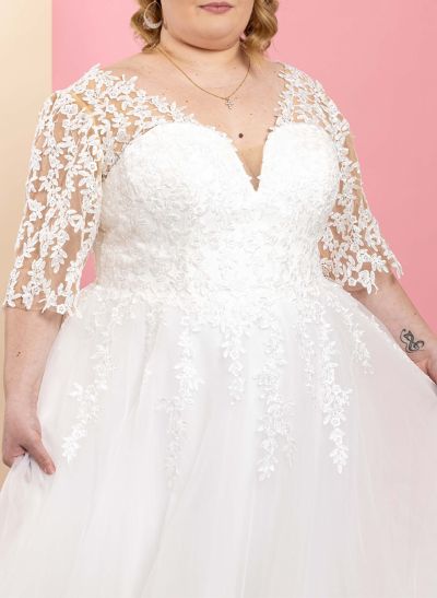 Plus Size A-Line V-Neck 3/4 Sleeves Floor-Length Tulle Wedding Dresses With Lace