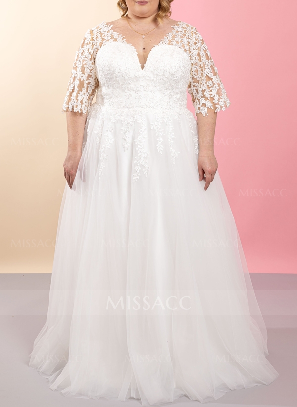 Plus Size A-Line V-Neck 3/4 Sleeves Floor-Length Tulle Wedding Dresses With Lace