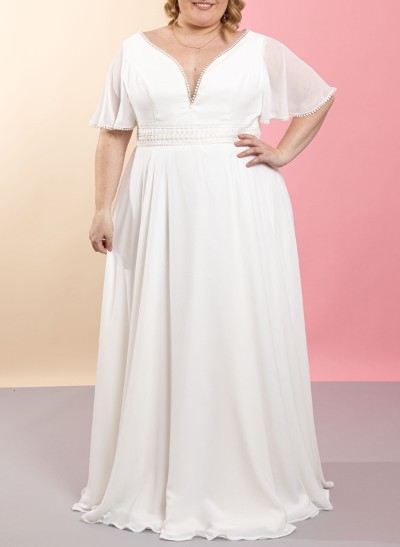Plus Size A-Line V-Neck 1/2 Sleeves Floor-Length Chiffon Wedding Dresses