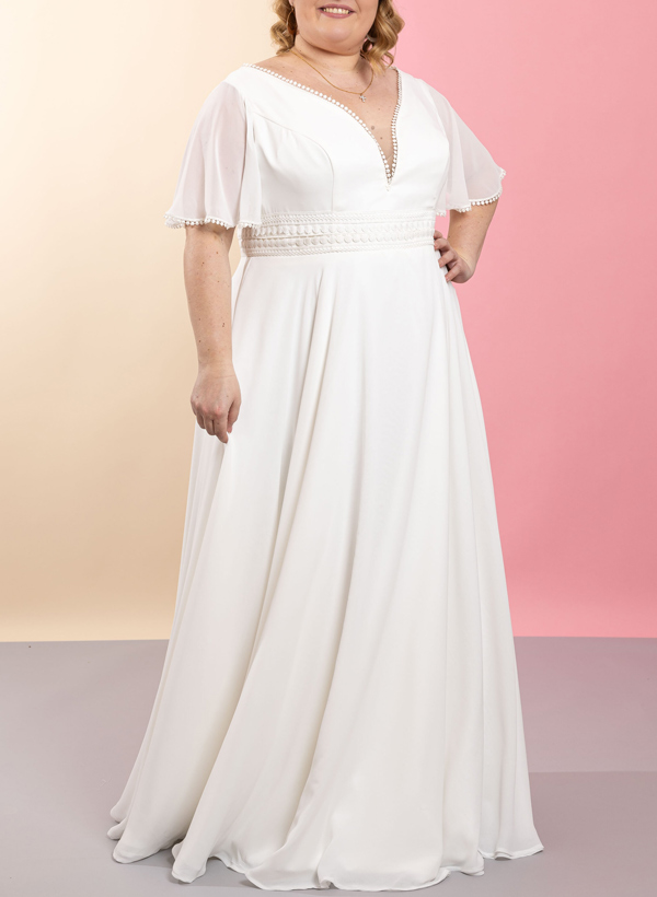 Plus Size A-Line V-Neck 1/2 Sleeves Floor-Length Chiffon Wedding Dresses