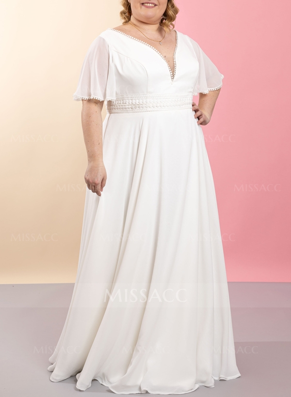 Plus Size A-Line V-Neck 1/2 Sleeves Floor-Length Chiffon Wedding Dresses