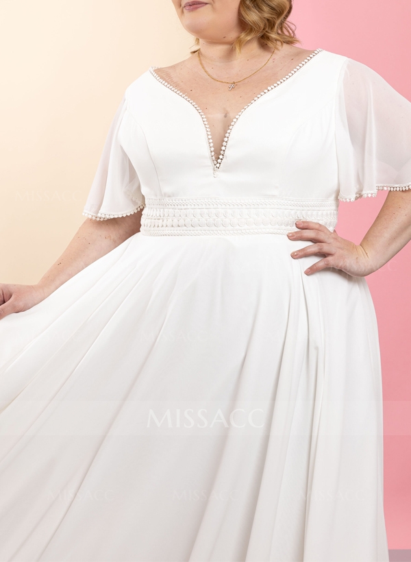 Plus Size A-Line V-Neck 1/2 Sleeves Floor-Length Chiffon Wedding Dresses