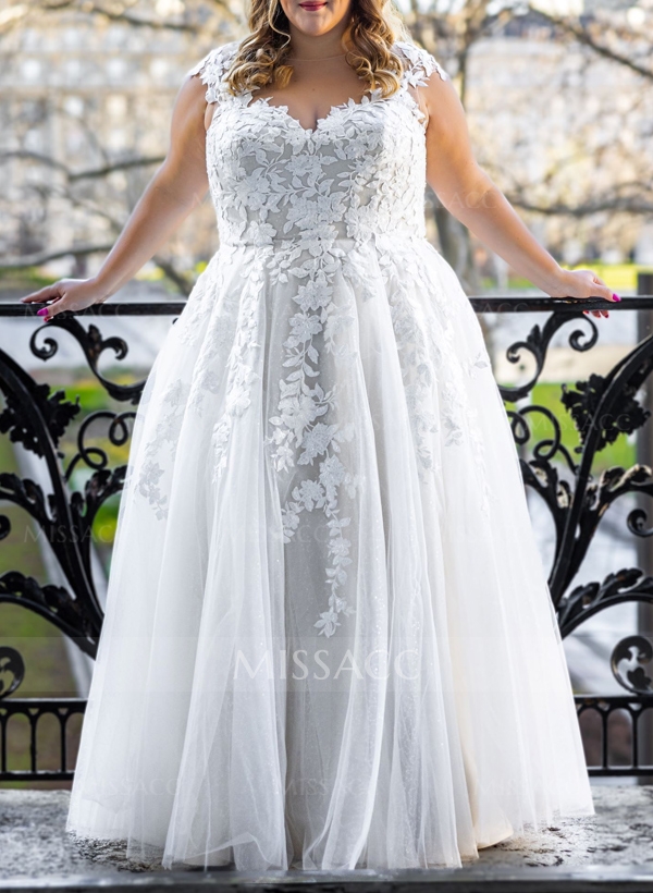 Plus Size A-Line V-Neck Floor-Length Tulle Wedding Dresses With Appliques Lace