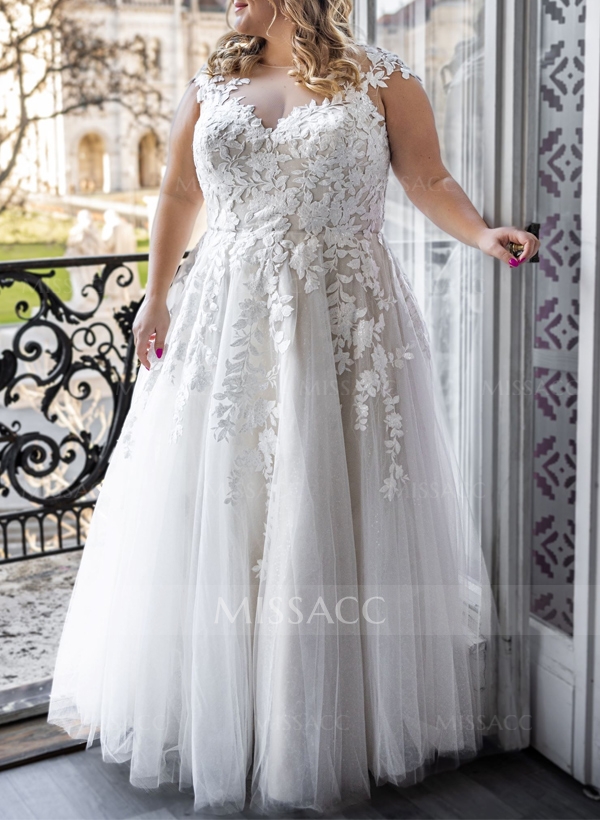 Plus Size A-Line V-Neck Floor-Length Tulle Wedding Dresses With Appliques Lace