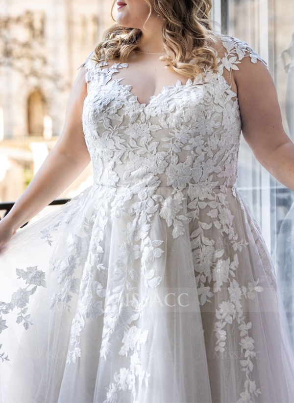 Plus Size A-Line V-Neck Floor-Length Tulle Wedding Dresses With Appliques Lace