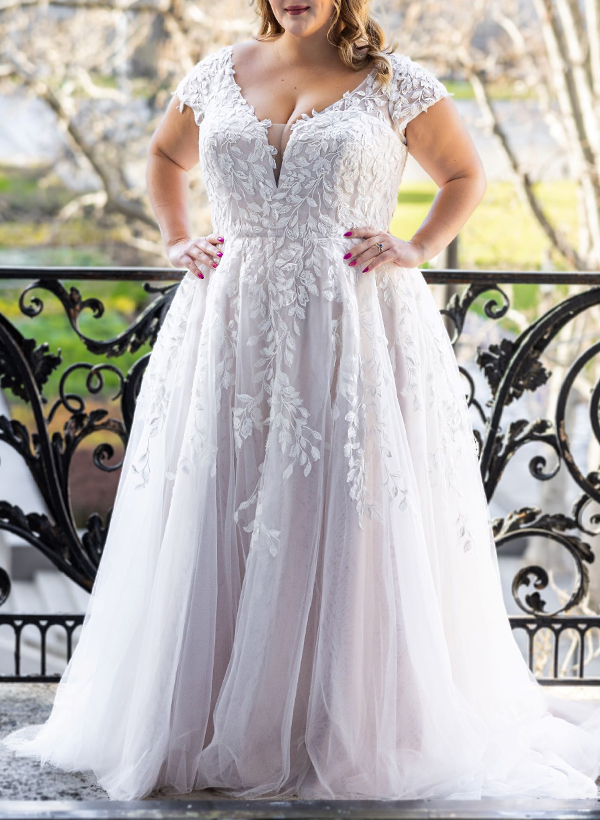 Plus Size A-Line V-Neck Sweep Train Tulle Wedding Dresses With Appliques Lace