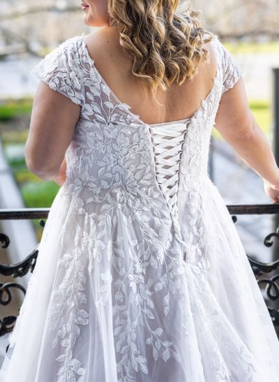 Plus Size A-Line V-Neck Sweep Train Tulle Wedding Dresses With Appliques Lace