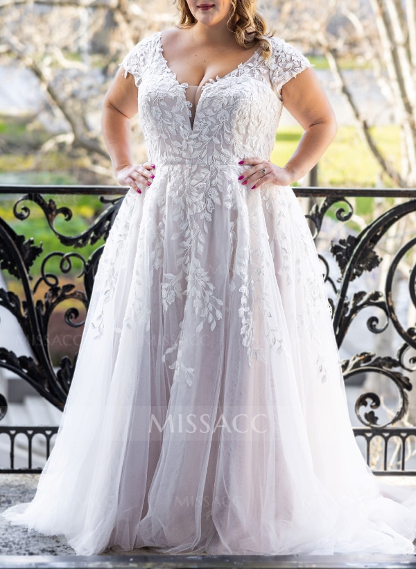 Plus Size A-Line V-Neck Sweep Train Tulle Wedding Dresses With Appliques Lace