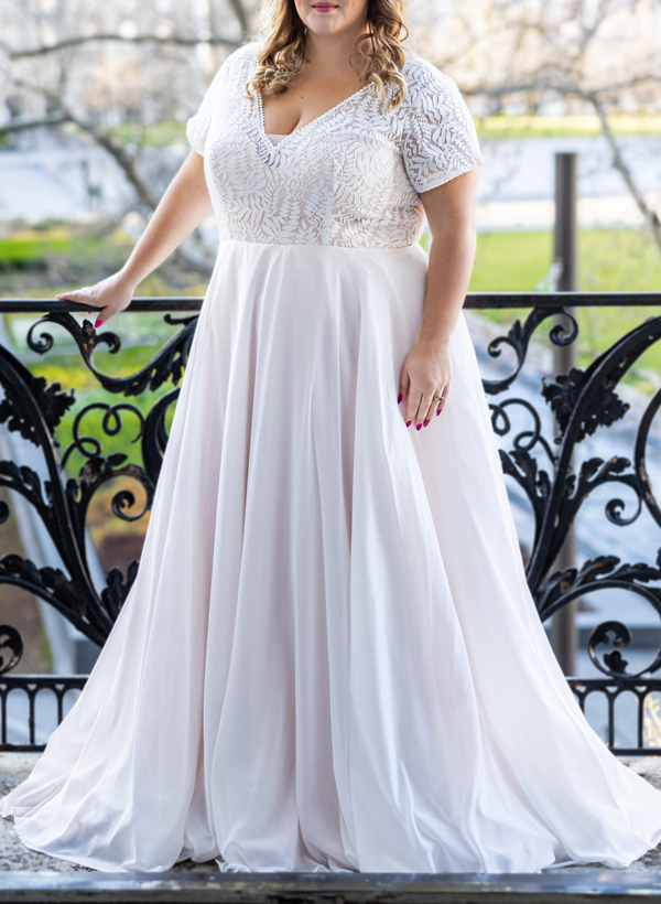 Plus Size A-Line V-Neck Short Sleeves Court Train Chiffon Wedding Dresses