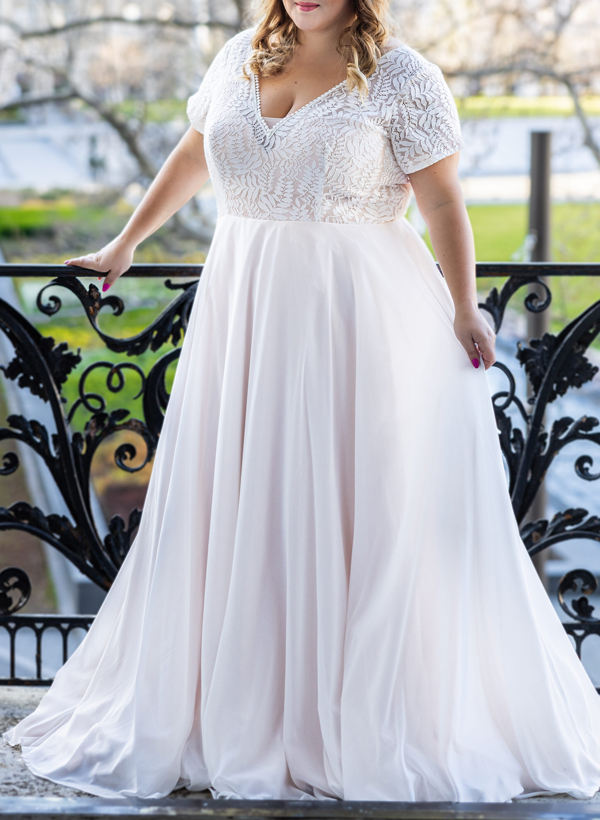 Plus Size A-Line V-Neck Short Sleeves Court Train Chiffon Wedding Dresses