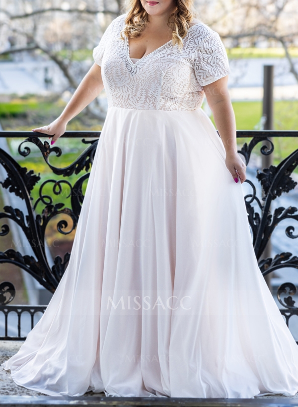 Plus Size A-Line V-Neck Short Sleeves Court Train Chiffon Wedding Dresses