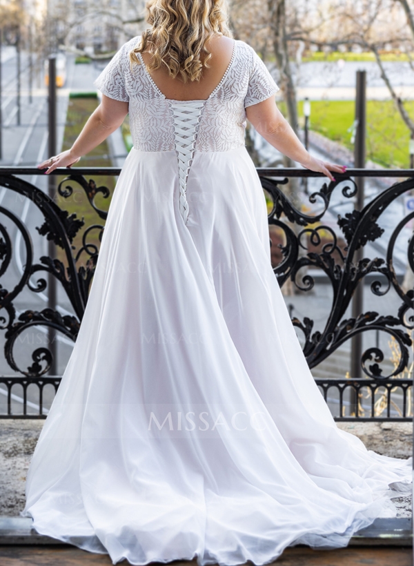 Plus Size A-Line V-Neck Short Sleeves Court Train Chiffon Wedding Dresses