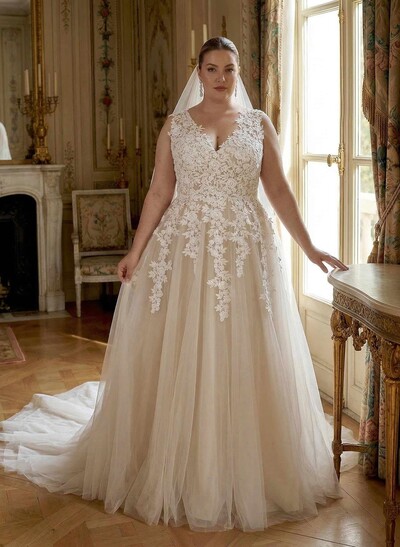 Plus Size A-Line V-Neck Sleeveless Sweep Train Tulle Wedding Dresses With Lace