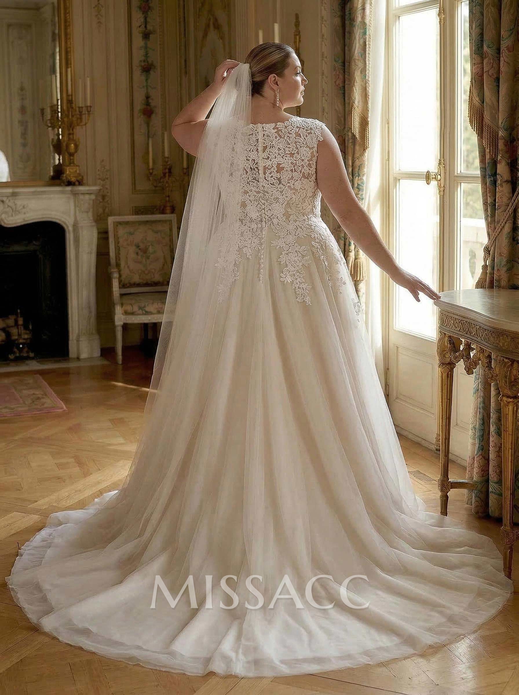 Plus Size A-Line V-Neck Sleeveless Sweep Train Tulle Wedding Dresses With Lace Plus Size A-Line V-Neck Sleeveless Sweep Train Tulle Wedding Dresses With Lace