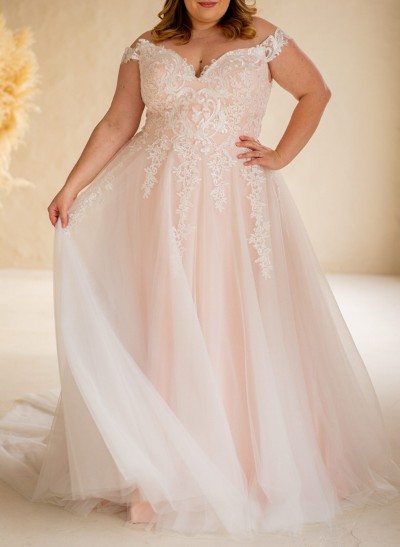 Plus Size A-Line Off-The-Shoulder Sweep Train Tulle Wedding Dresses With Lace