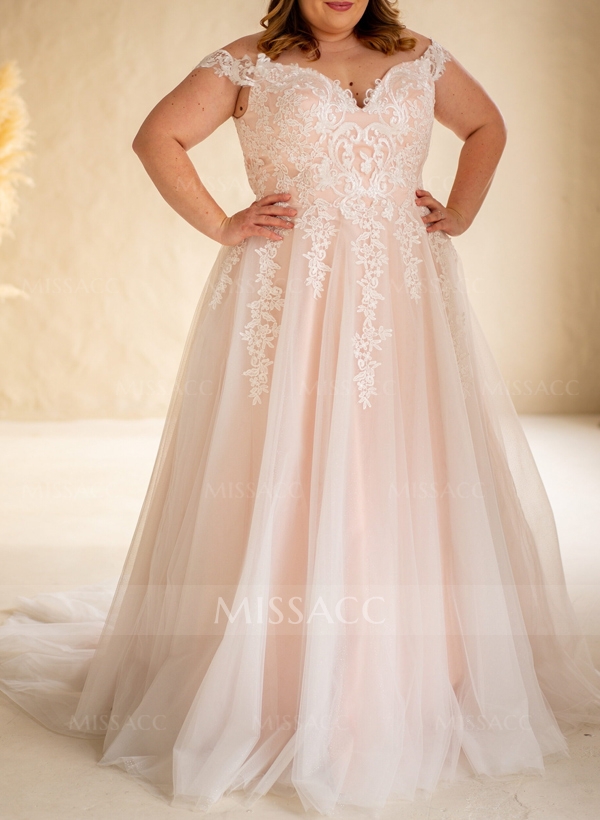 Plus Size A-Line Off-The-Shoulder Sweep Train Tulle Wedding Dresses With Lace