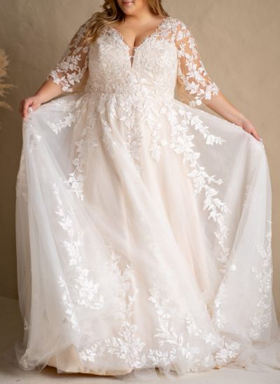 Plus Size A-Line V-Neck 3/4 Sleeves Sweep Train Tulle Wedding Dresses With Lace