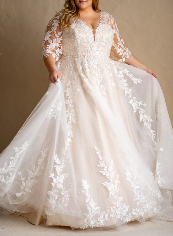 Plus Size A-Line V-Neck 3/4 Sleeves Sweep Train Tulle Wedding Dresses With Lace