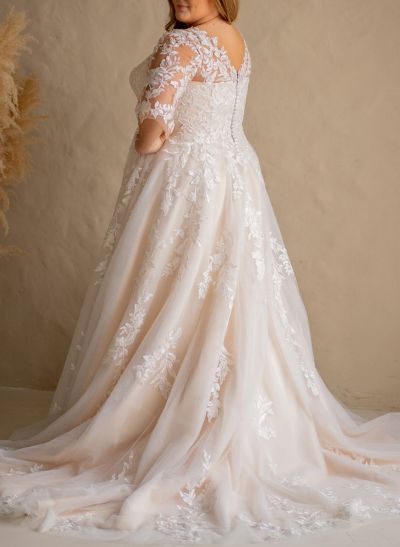 Plus Size A-Line V-Neck 3/4 Sleeves Sweep Train Tulle Wedding Dresses With Lace