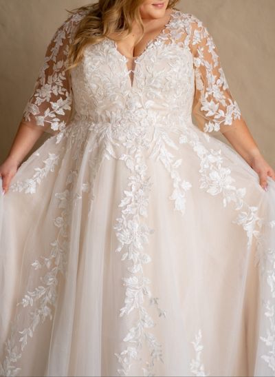 Plus Size A-Line V-Neck 3/4 Sleeves Sweep Train Tulle Wedding Dresses With Lace