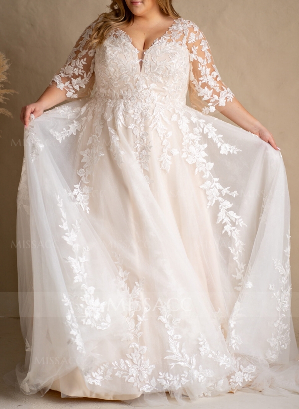 Plus Size A-Line V-Neck 3/4 Sleeves Sweep Train Tulle Wedding Dresses With Lace