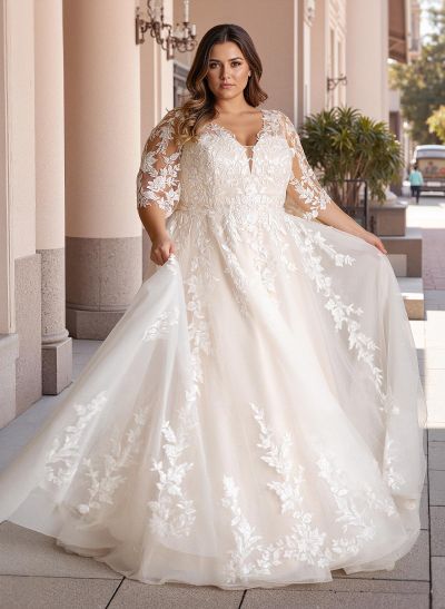 Plus Size A-Line V-Neck 3/4 Sleeves Sweep Train Tulle Wedding Dresses With Lace