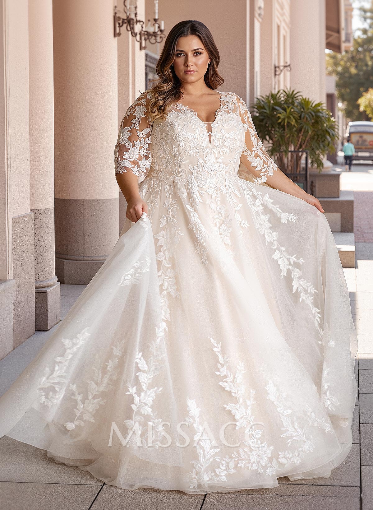 Plus Size A-Line V-Neck 3/4 Sleeves Sweep Train Tulle Wedding Dresses With Lace Plus Size A-Line V-Neck 3/4 Sleeves Sweep Train Tulle Wedding Dresses With Lace