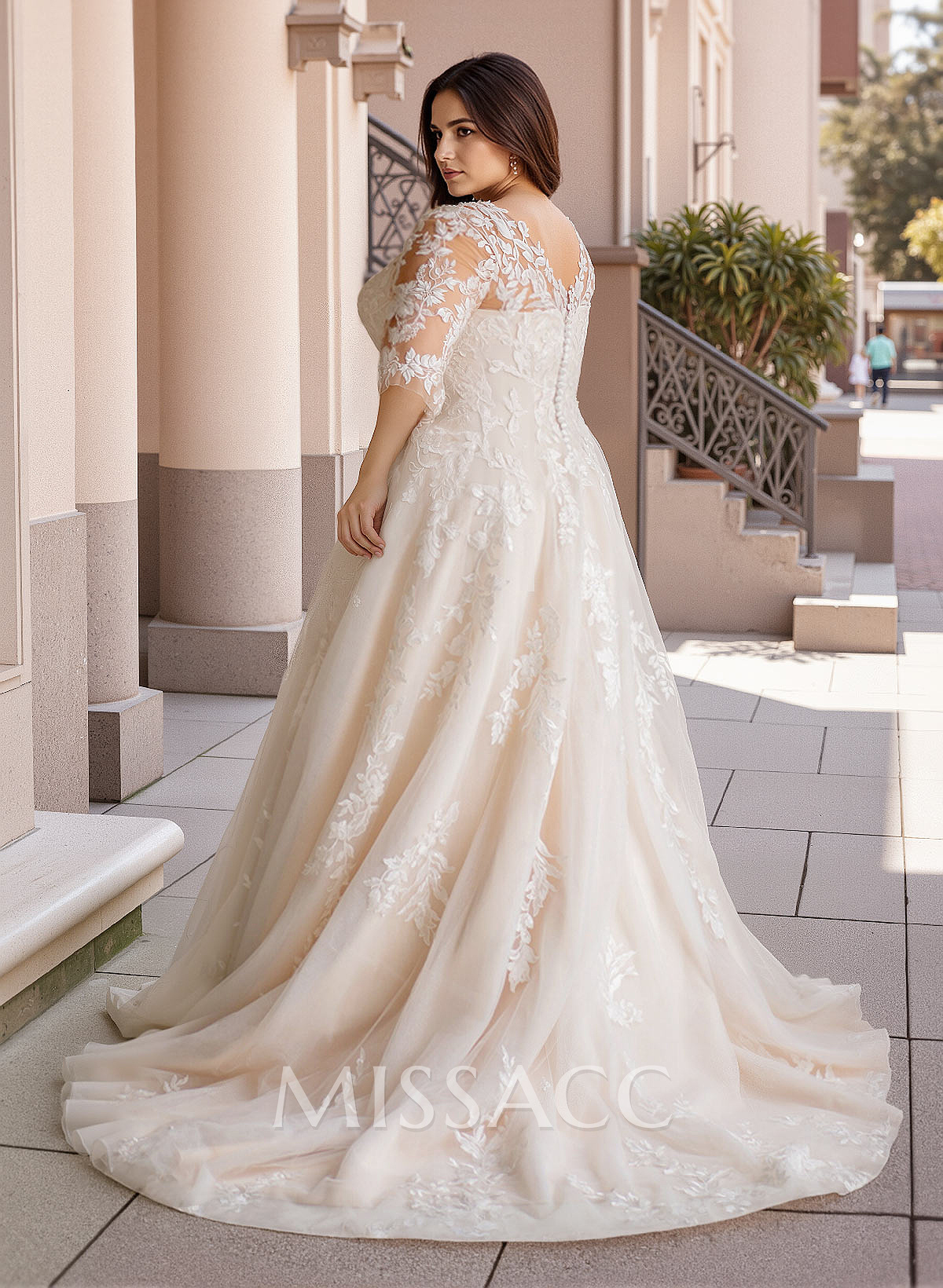 Plus Size A-Line V-Neck 3/4 Sleeves Sweep Train Tulle Wedding Dresses With Lace Plus Size A-Line V-Neck 3/4 Sleeves Sweep Train Tulle Wedding Dresses With Lace