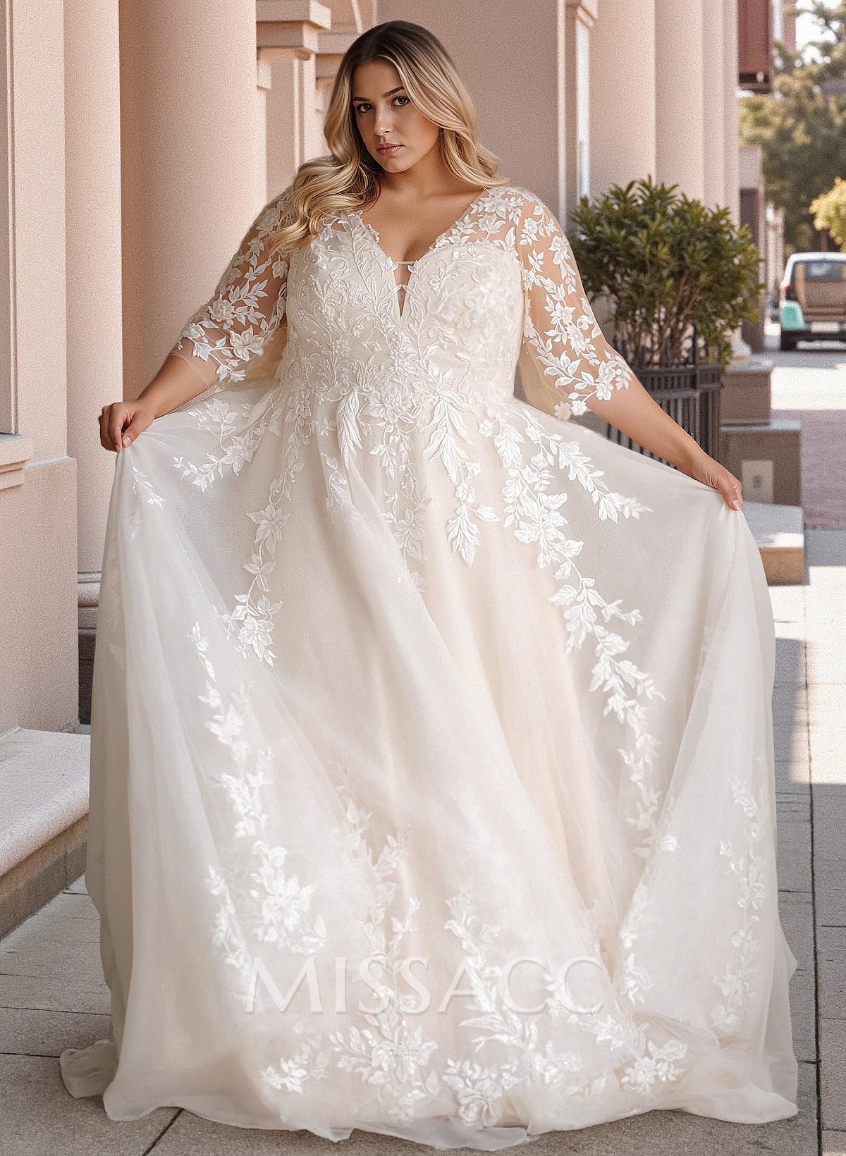 Plus Size A-Line V-Neck 3/4 Sleeves Sweep Train Tulle Wedding Dresses With Lace Plus Size A-Line V-Neck 3/4 Sleeves Sweep Train Tulle Wedding Dresses With Lace