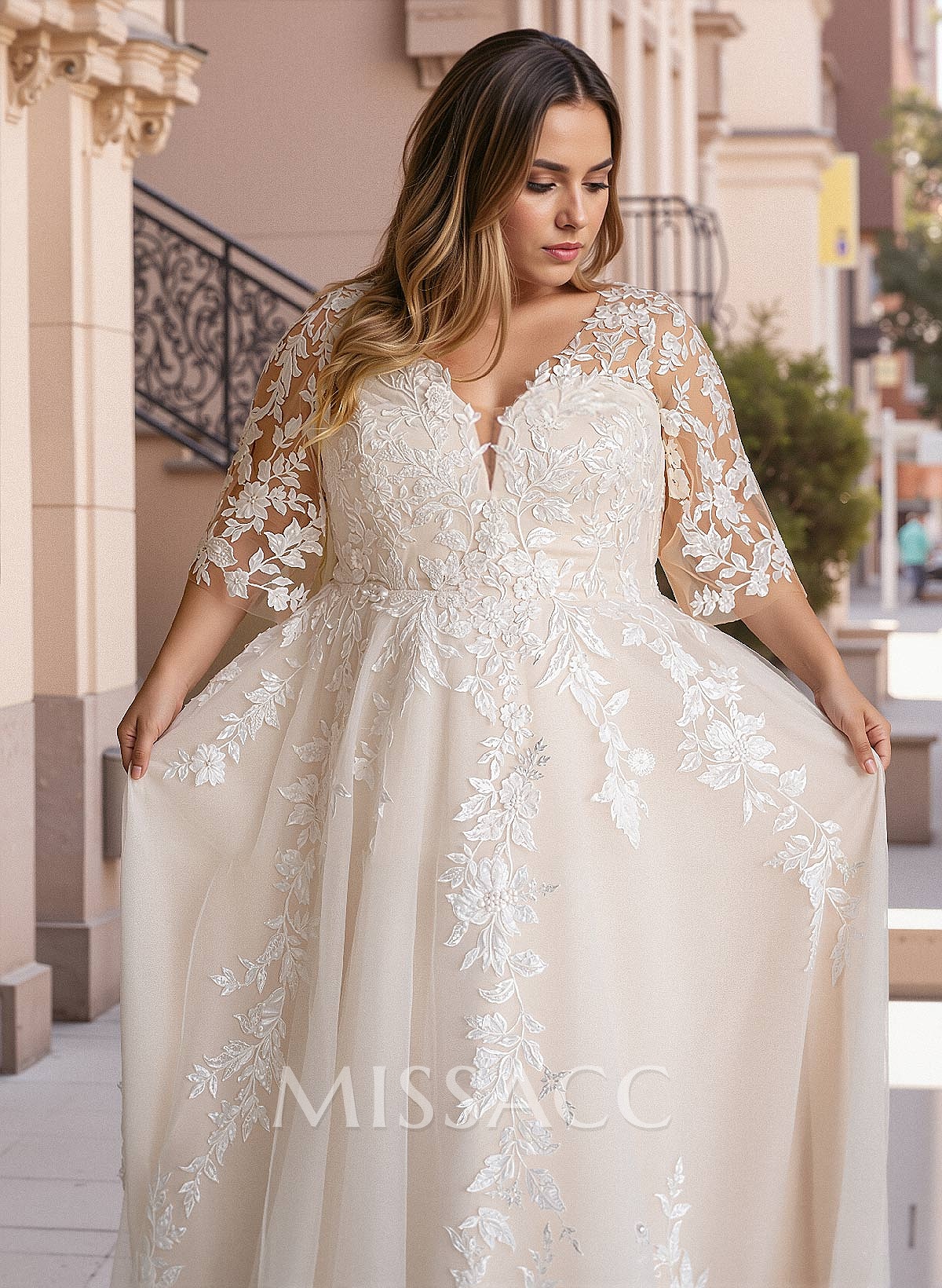 Plus Size A-Line V-Neck 3/4 Sleeves Sweep Train Tulle Wedding Dresses With Lace Plus Size A-Line V-Neck 3/4 Sleeves Sweep Train Tulle Wedding Dresses With Lace