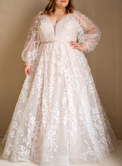Plus Size A-Line V-Neck Long Sleeves Floor-Length Tulle Wedding Dresses With Lace