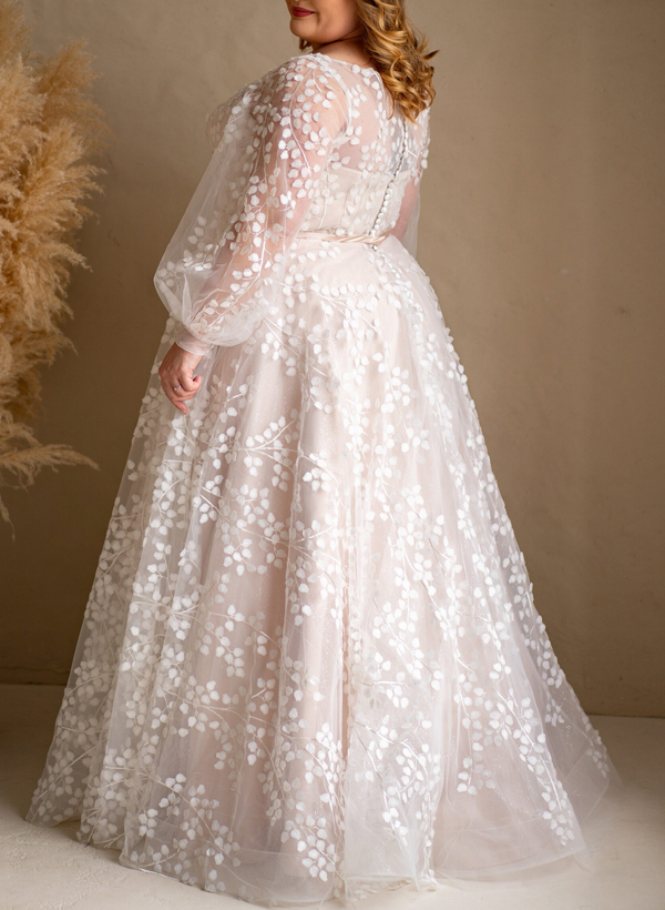 Plus Size A-Line V-Neck Long Sleeves Floor-Length Tulle Wedding Dresses With Lace