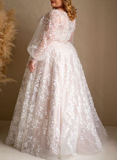 Plus Size A-Line V-Neck Long Sleeves Floor-Length Tulle Wedding Dresses With Lace