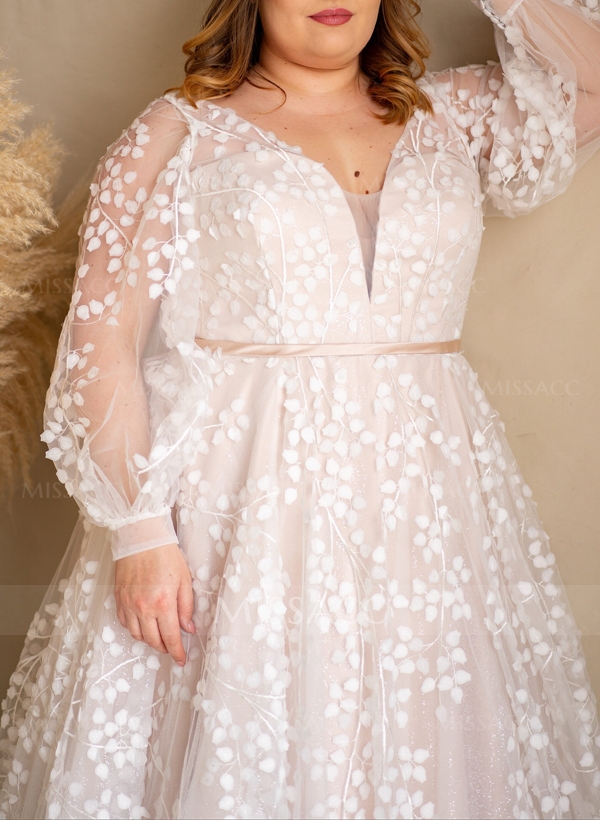 Plus Size A-Line V-Neck Long Sleeves Floor-Length Tulle Wedding Dresses With Lace