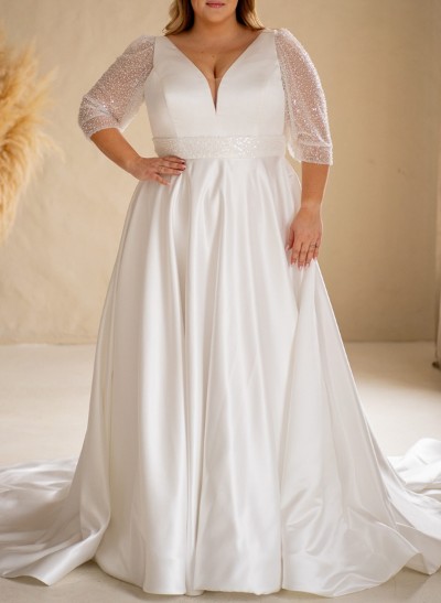 Plus Size A-Line V-Neck 3/4 Sleeves Sweep Train Satin Wedding Dresses With Sequins