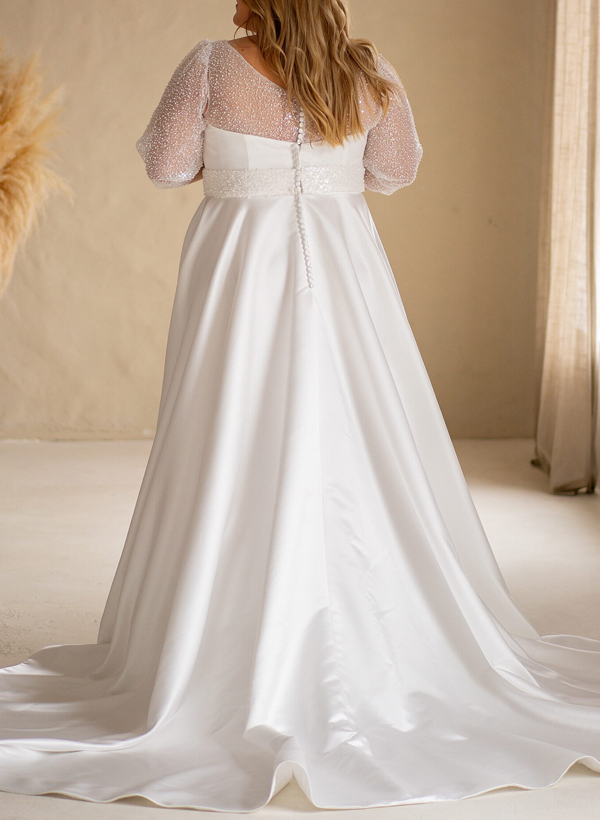 Plus Size A-Line V-Neck 3/4 Sleeves Sweep Train Satin Wedding Dresses With Sequins