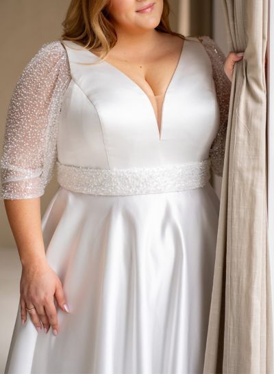 Plus Size A-Line V-Neck 3/4 Sleeves Sweep Train Satin Wedding Dresses With Sequins
