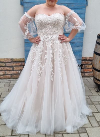 Plus Size A-Line Sweetheart Detachable Sleeves Sweep Train Tulle Wedding Dresses With Lace